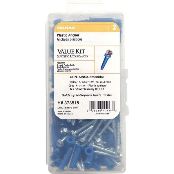 HILLMAN #10 - #12 Thread x 1 Inch Hex Spring Washer Head Blue Plastic Anchor Kit, 373515
