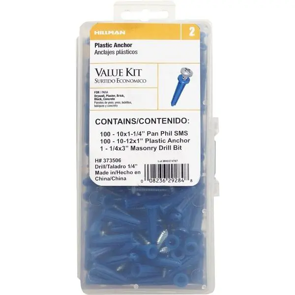 HILLMAN #10 - #12 Thread x 1 Inch Pan Phillips Head Blue Plastic Anchor Kit, 373506