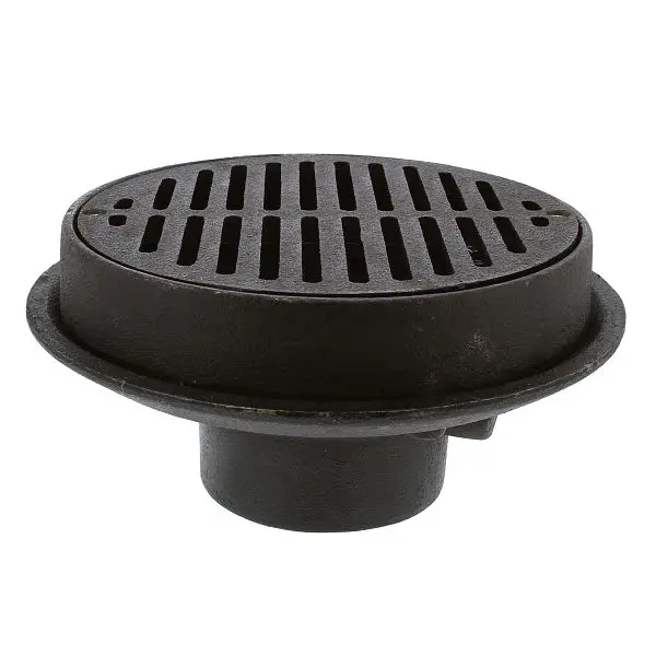 Jones Stephens 4" No Hub Heavy Duty Cast Malleable Iron Floor Drain 10-1/2" Pan and 9" Cast Iron Grate Less...