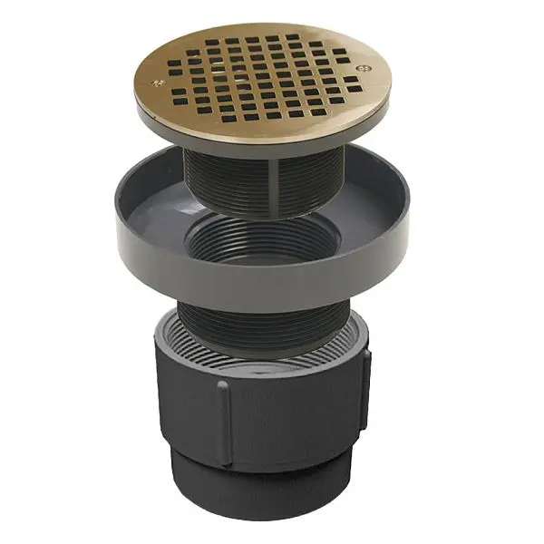 Jones Stephens 4" PVC LevelBest Pipe Fit Drain Base 3-1/2" Polymer Spud and 5" Electroless Nickel Bronze Ro...