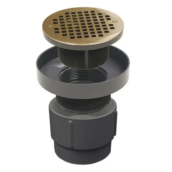 Jones Stephens 4" PVC LevelBest Pipe Fit Drain Base 3" PVC Spud and 6" Nickel Bronze Round Strainer, D50474