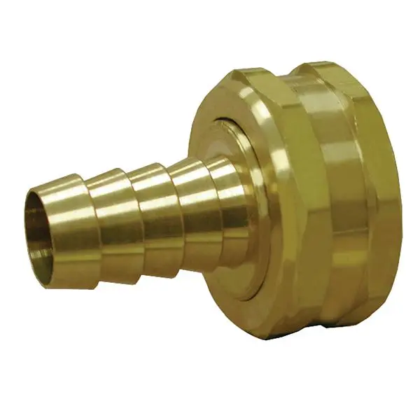 Jones Stephens 5/8" x 3/4" Red Brass Garden Hose Fitting, Hose Barb To Female Hose Swivel, G20037
