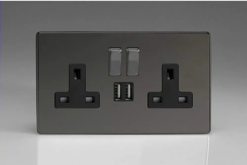 Varilight Flat Plate Screwless Iridium Jet-black 2-Gang 13 Amp Socket + 2x USB Charging Port Black Inserts