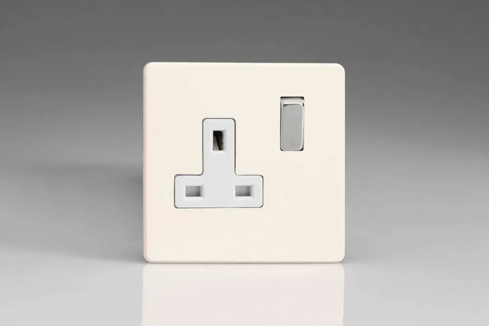 Varilight Primed Ready to Paint Flat Plate Screwless 1-Gang 13 Amp Switched Plug Socket Alabaster Inserts