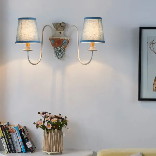 2-Bulb Metal Wall Lighting Country Azure Curved Arm Indoor Sconce Light Fixture Tapered Fabric Shade