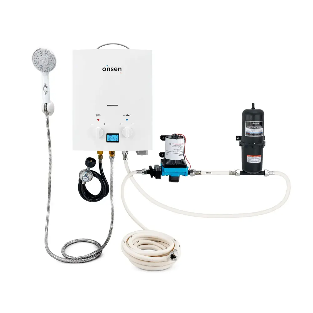 Digital Thermostat Onsen 5L Outdoor Propane Mobile Tankless Water Heater Pump, Accumulator & Hose Kit