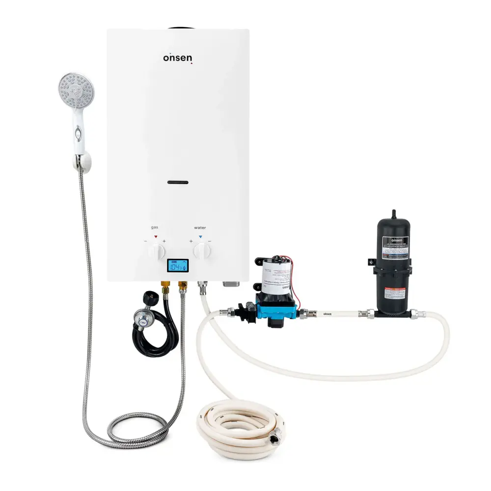 Onsen 10L Outdoor Propane On--go Tankless Water Heater Pump, Accumulator & Hose Kit
