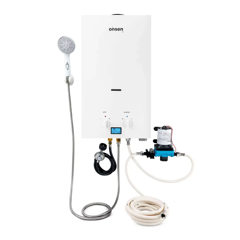 Onsen 10L Outdoor Propane Travel Tankless Water Heater 2.6 Gal/Min 75K BTU Pump & Hose Kit