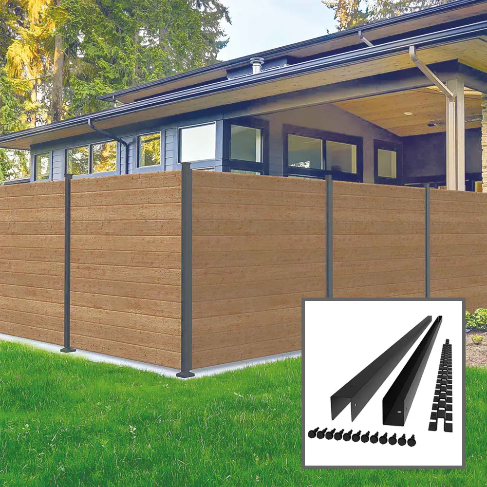 Set 2 Matte Black Steel U Moldings Wood Plank Fence, 1'' X 1'' X 72''